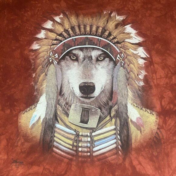 The Mountain Men's T Shirt Size 2XL Rust Orange Tie Dye Native American Wolf - Picture 2 of 8